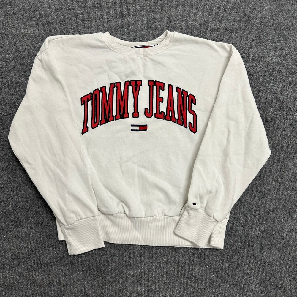 Tommy Jeans Sweatshirt Mens Size L White Arch Logo Crewneck Long Sleeve Pullover